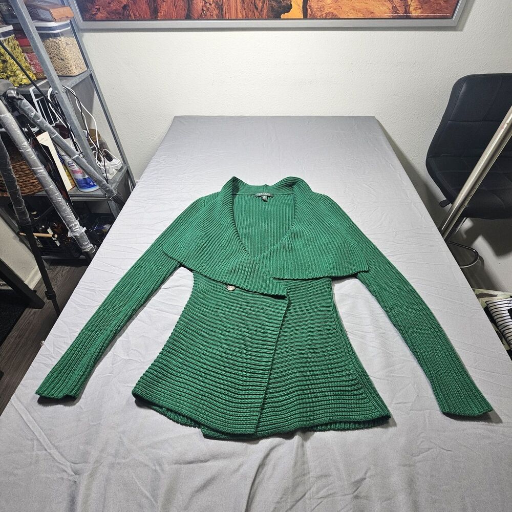 Lauren Ralph Lauren Size XS Cardigan Sweater Green Ribbed Knit Cotton Asymmetric